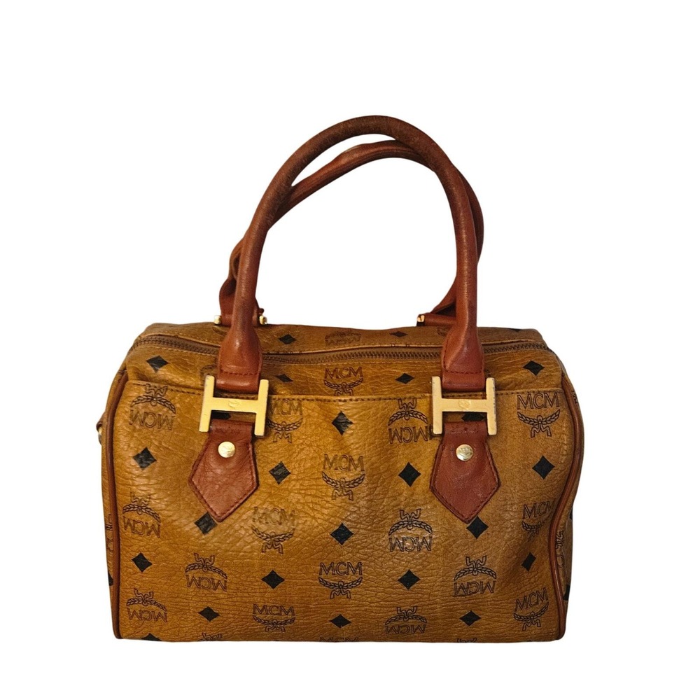 MCM Monogram Canvas Leather‎ Trim Boston Speedy Bag Brown Gold Vintage Luxury - Picture 6 of 7